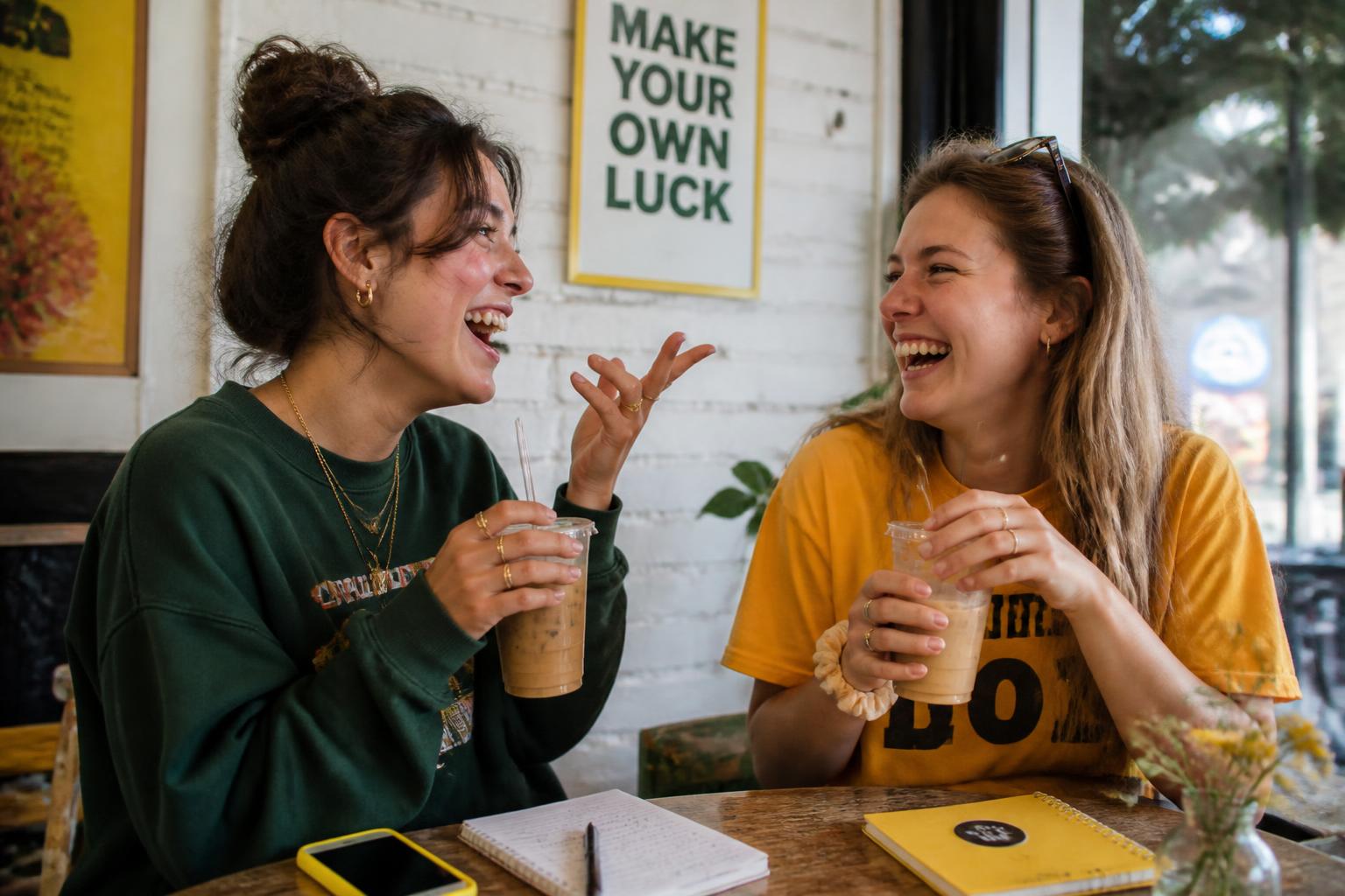 Two friends laughing over iced coffee during a career chat